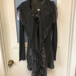 Ruffled and tassels, dark grey cardigan, size Large