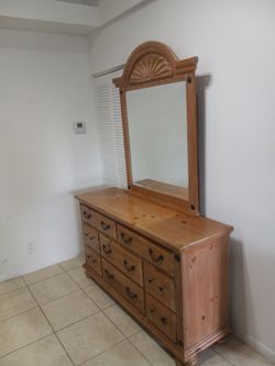 Vintage Pine Farmhouse Style Dresser with 9 drawers, cup pulls and mirror