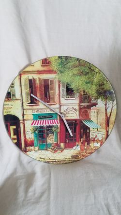 Decorative Clock, French Cafe 'Scenery With Battery Place In The back . Porcelain / Glass. Woodland Hills,Ca 