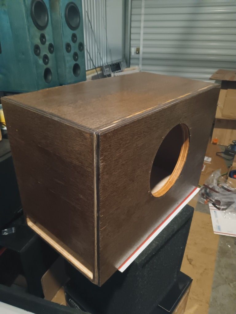 custom hardwood 10-in 2 cubic foot 33 Hertz subwoofer box unstain. FREE DELIVERY