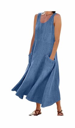 Denim Dress for Women - Sleeveless Cotton Midi Summer Tank Jeans Dresses with Pockets Beach Vacation Business Casual