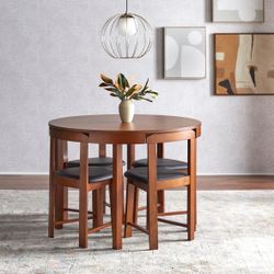 Round Wood Dining Table Set + 4 Chairs (Space-Saving) – Available last week of April