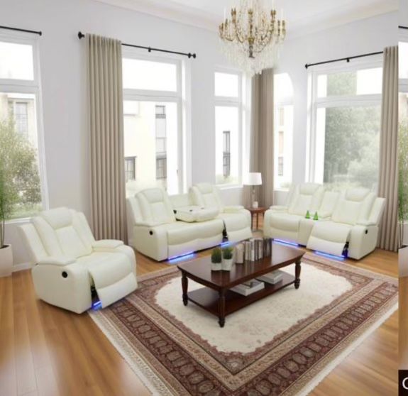 White Breathing Leather 3 piece power reclining set with underfloor accent lighting
