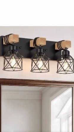 o 3-Light Farmhouse Vanity Light for Bathroom, Wood Bathroom Light Fixtures Over Mirror, Industrial Black Vanity Light with Metal Lampshade for Bedroo