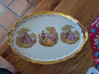 Vintage Gloria fine porcelain platter with 22k gold decor and transferware sweetheart's