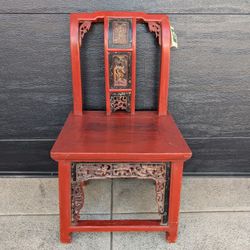 Antique Chinese Ladies Slipper Chair Red Carved Wood