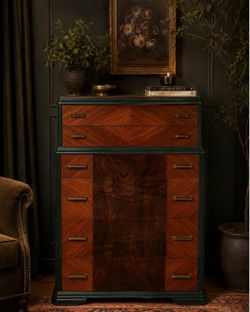 Vintage Early MCM / Art Deco Tall Dresser – Deep Green & Bookmatched Wood