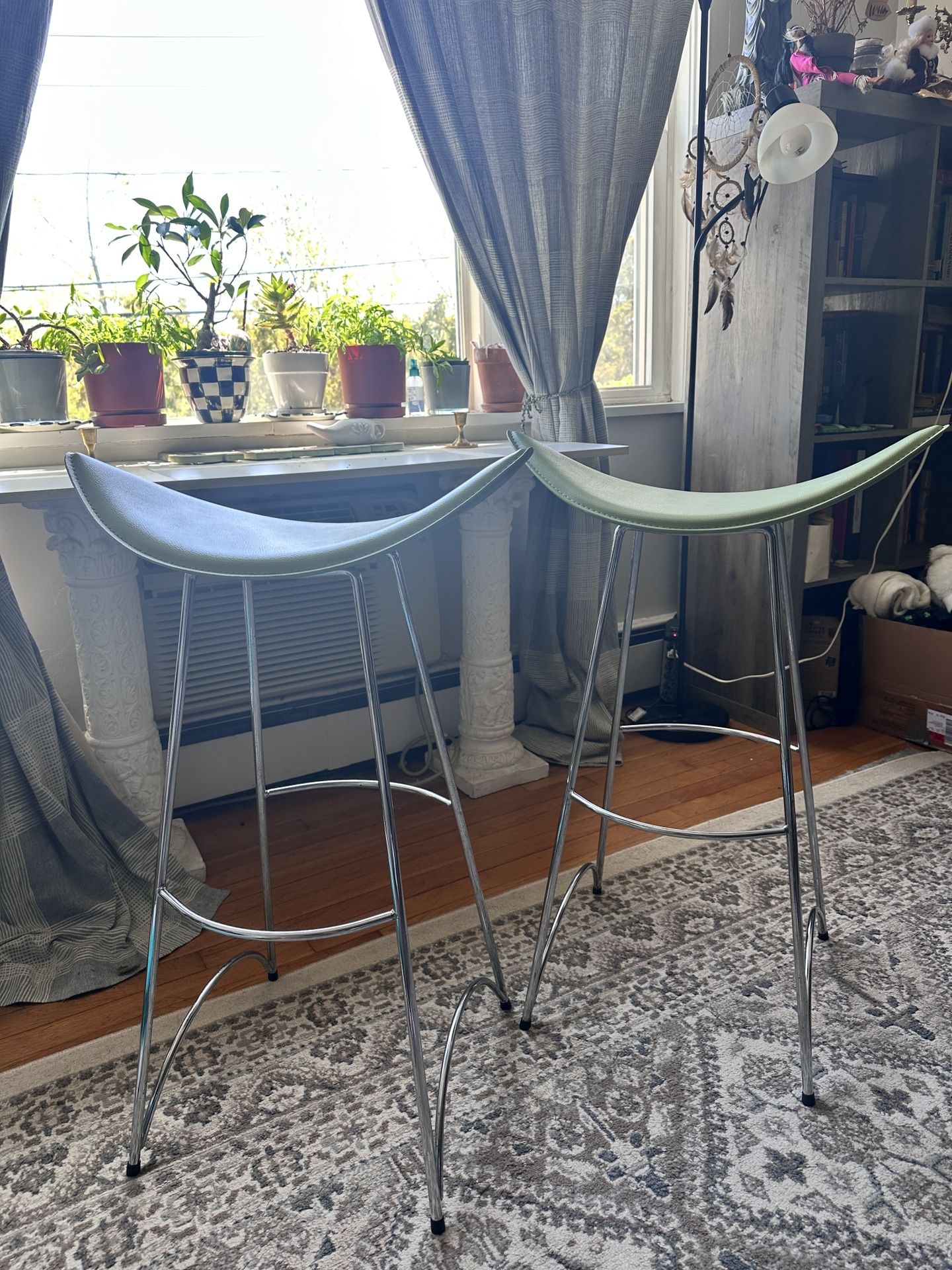Pair Of Light Green Leather Stools