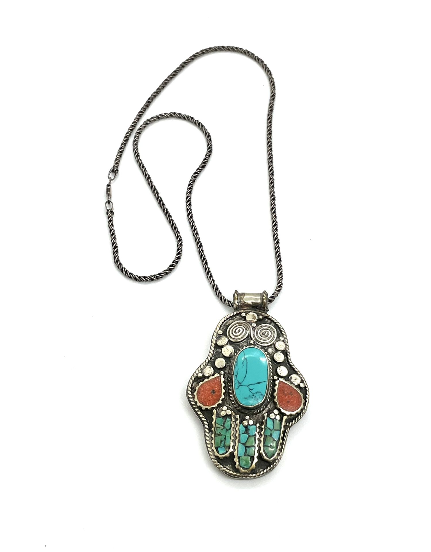 Sterling Chain Tibetan Pendant Necklace 