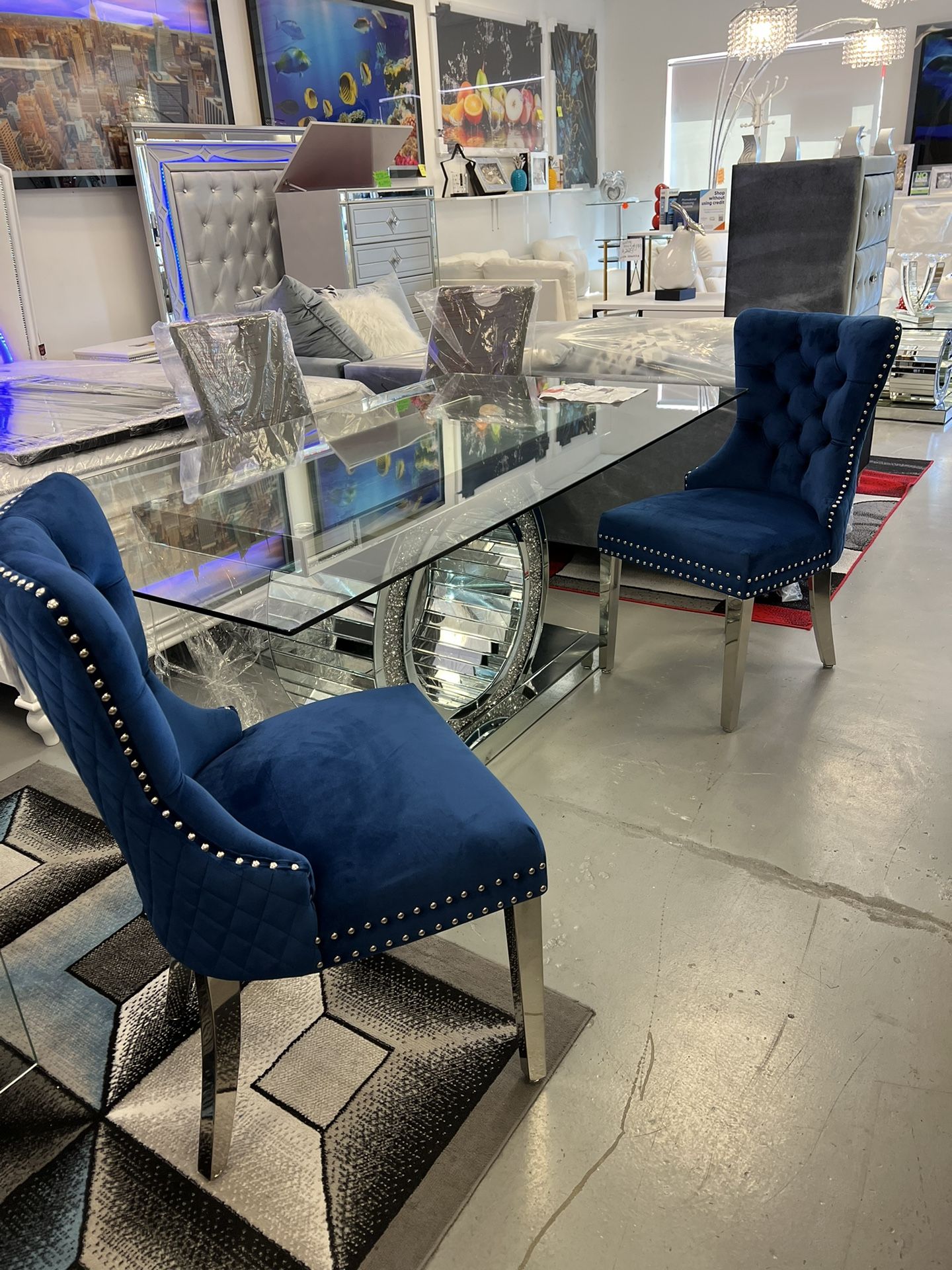 New Dining 5 Pc Set Glass Top Table 71x35x30”H