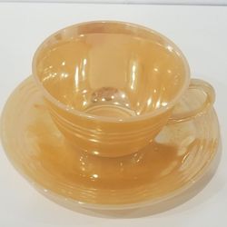 Fire King Peach Lustre Oven Ware Three Bands Coffee / Tea Cup 8 oz /w Saucer