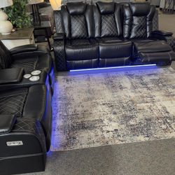 Brand New Contemporary Black Leather Power Reclining Sofa And Loveseat Home Theater Seating 
