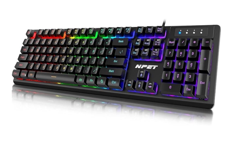 NPET K10 Wired Gaming Keyboard, LED Backlit, Spill-Resistant Design, Multimedia Keys, Quiet Silent USB Membrane Keyboard for Desktop, Computer, PC (Bl