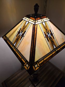 Vintage 1920s Arts & Crafts Stained Slag Glass Lamp – Convertible Mission Fixture - Shade 14" Sides, 6" Tall