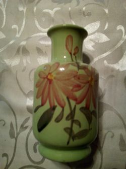 Vintage decorative light green flower print vase/ hand painted flower design/6.3 inches high