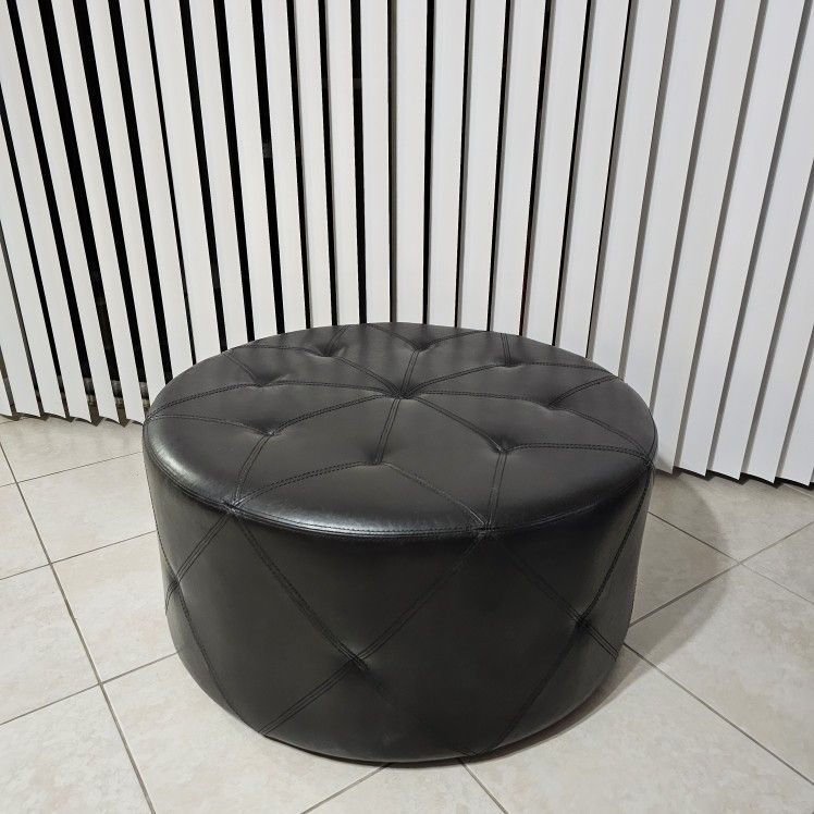 Round Brown Tufted Faux Leather Cocktail Ottoman with Casters, 34" Diameter