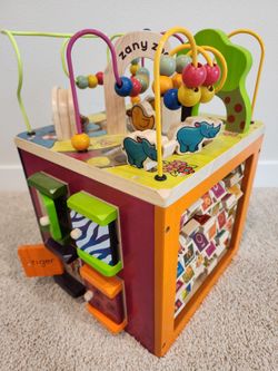 B. toys Wooden Activity Cube - Zany Zoo: Educational Play with Animals, Spinners, Bead Rollercoaster, Functional Doors