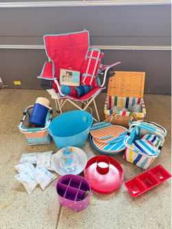 Summer Picnic / Camping Bundle – Mostly New – Chair, Picnic Basket, Cooler, Dishes & More