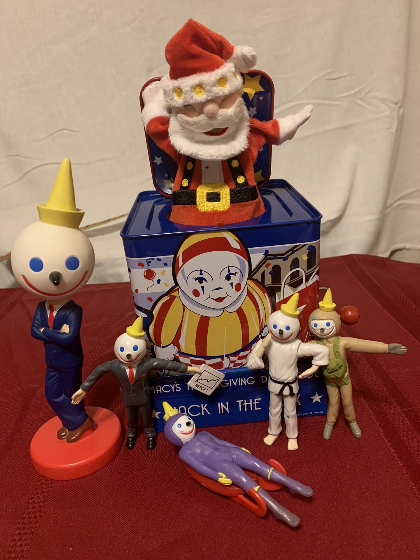 5 Pc. Jack In The Box Collection. Plus an actual Macys Parade Crank Santa In A Box Toy.   