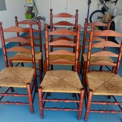 Beautiful Vintage Cherry Wood Ladder Dining Chairs With Wicker Seats Sold As Is 
