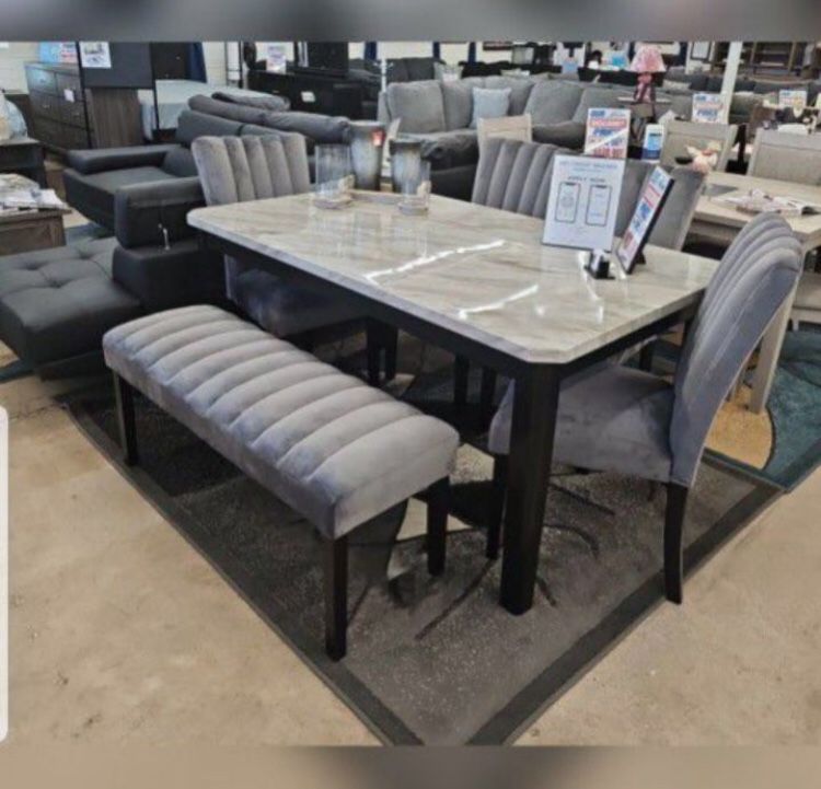 6 pc Dining Table Set White Faux Marble Top