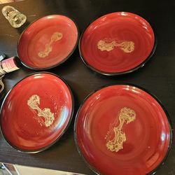 Vintage Japanese Lacquerware Coaster Set  Red Gold