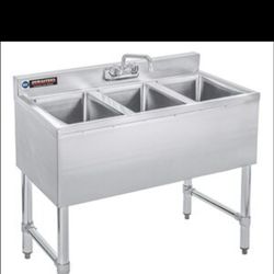 Triple Bowl Commercial Bar Sink w/ Lead Free Faucet - 10" x 14" x 10" Bowl Size - NSF Certified