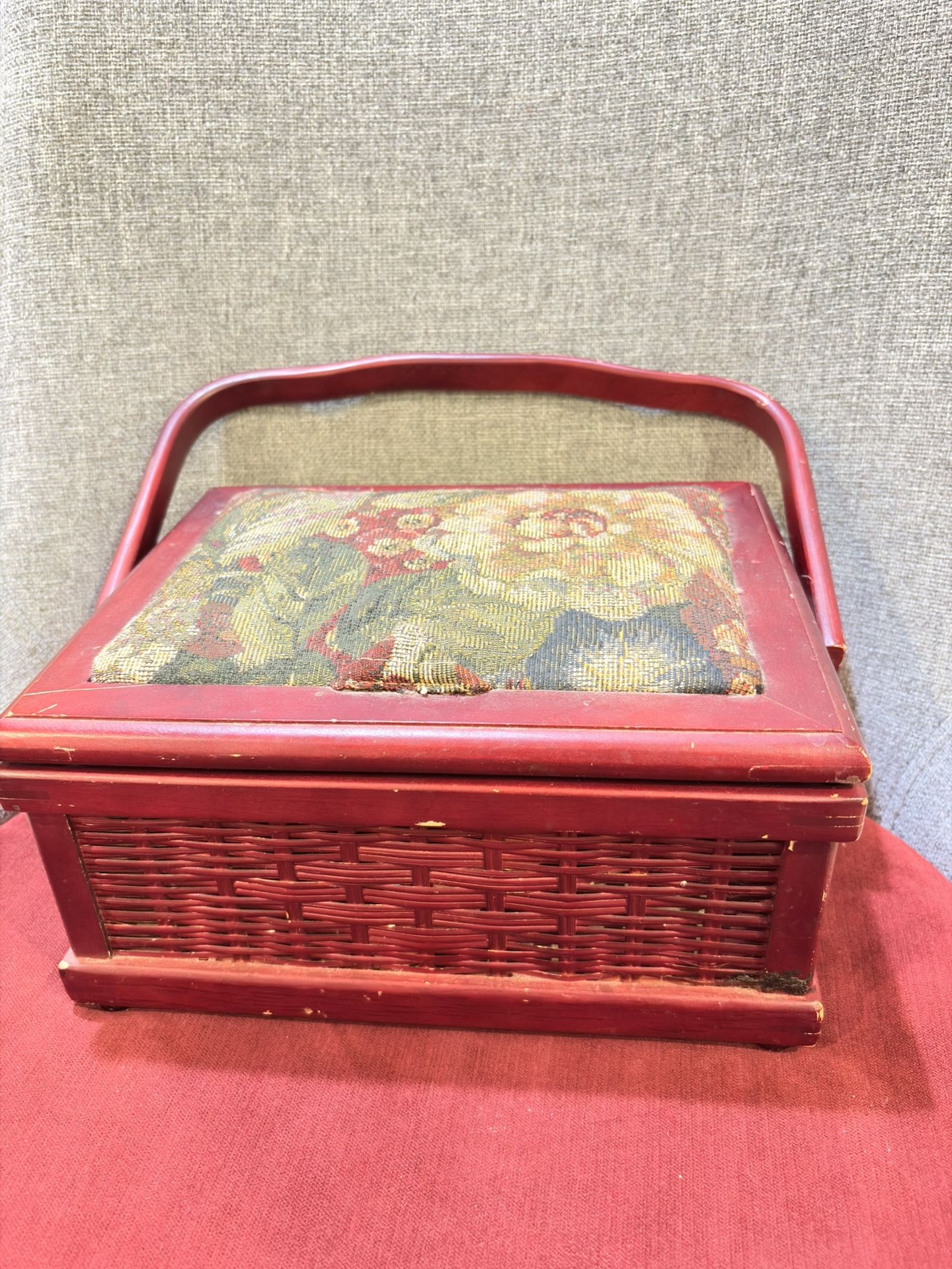 Vintage Tapestry Top Red Wicker Wooden Sewing Basket-10” X 8” X 5”