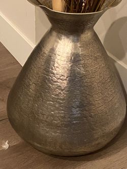 Large Hammered Silver-finish Metal Floor Vase with a Wide Rounded Body and Ruffled Narrow Rim  H18"