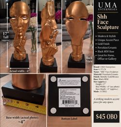UMA Enterprises 17” Gold “Shh” Face Sculpture – $45 OBO
