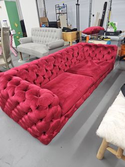 Red Velvet Tufted Sectional Sofa