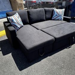 New Black Sofa Bed Sectional Reversible Sleeper Couch Include Storage Chaise And 2 Pillows 