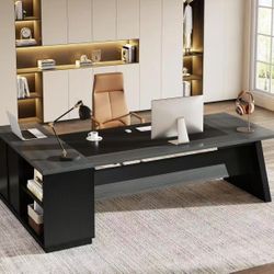HL0212AB 78" L-Shaped Executive Desk, Large Modern Office Desk with Drawers and Lateral File Cabinet, Business Furniture with Storage Shelves, Big Com
