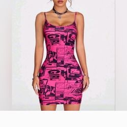 NWT Shein Ladies Fuschia/Black Graphic Bodycon Dress