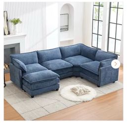 113.4 in. W Royal Blue Chenille Fabric Straight Arm L-Shaped Sectional Sofa Couch with Ottoman for Living Room