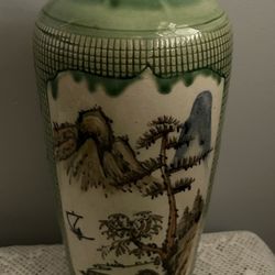 Vintage Hand painted Asian Celadon Ceramic Vase