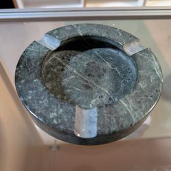 Vintage Green Marble Stone Ashtray Round Heavy Four Slot Mid Century Decor

