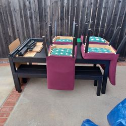 Dining Table With 2 Leaves , 4 Chairs And A Bench