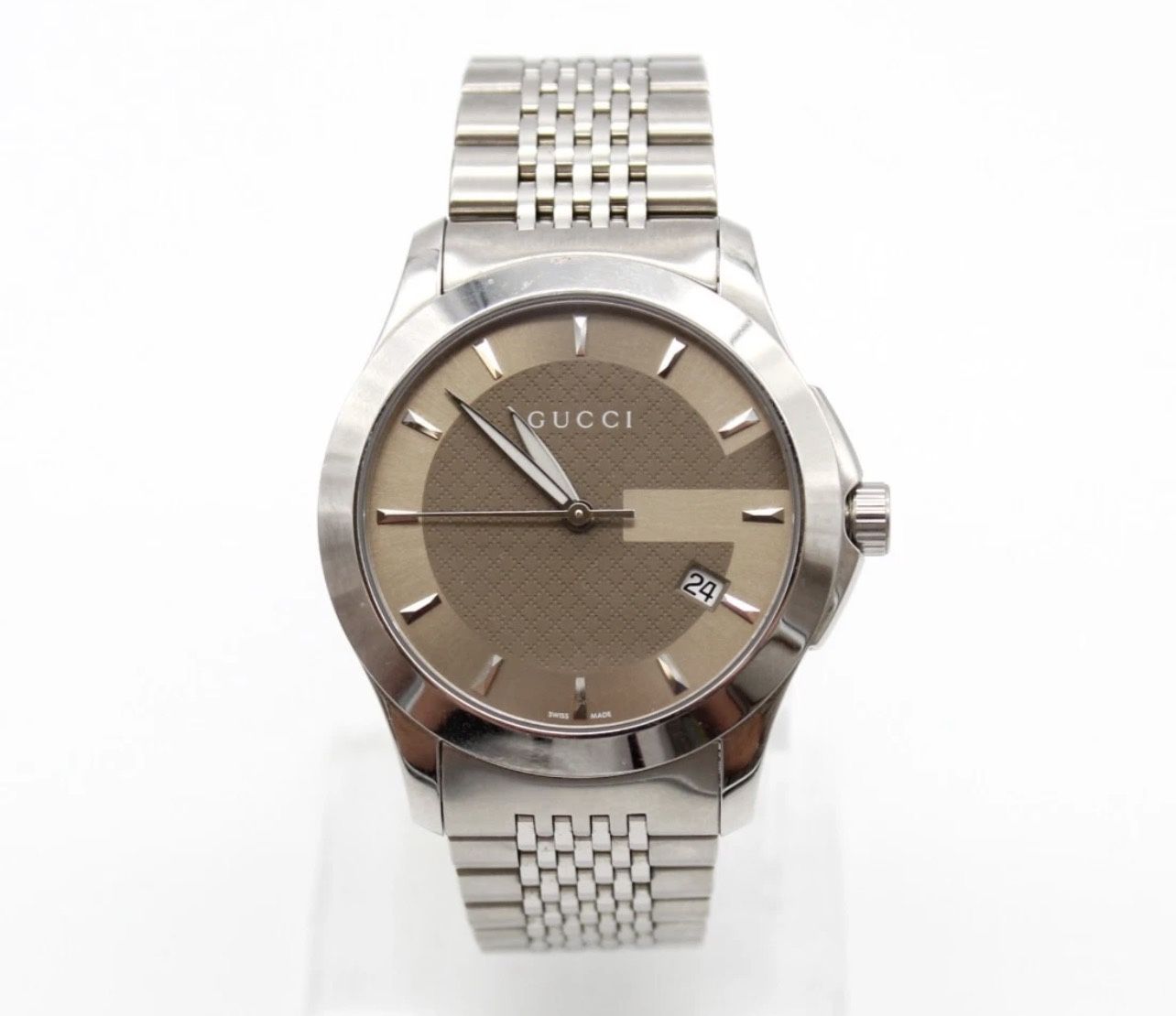 GUCCI YA126406 Brown Dial G Timeless Date 126.4 Series Silver Tone Men's Watch