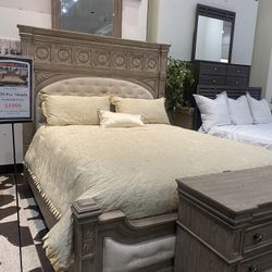 Bed Set With Tufted Linen Headboard And Wood Frame