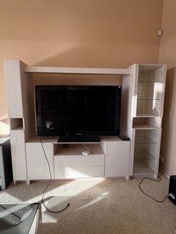 White Entertainment Center with Glass Shelves