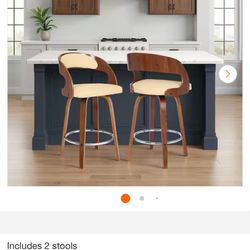 Armen Living Shelly 37 in. Cream Low Back Wood Bar Stool Faux Leather Seat set 2 furniture kitchen 
