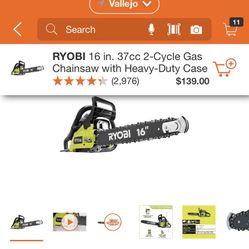 RYOBI 16 CHAINSAW 2 CICLE GAS WITH HEAVY DUTY CASE BRAND NEW 