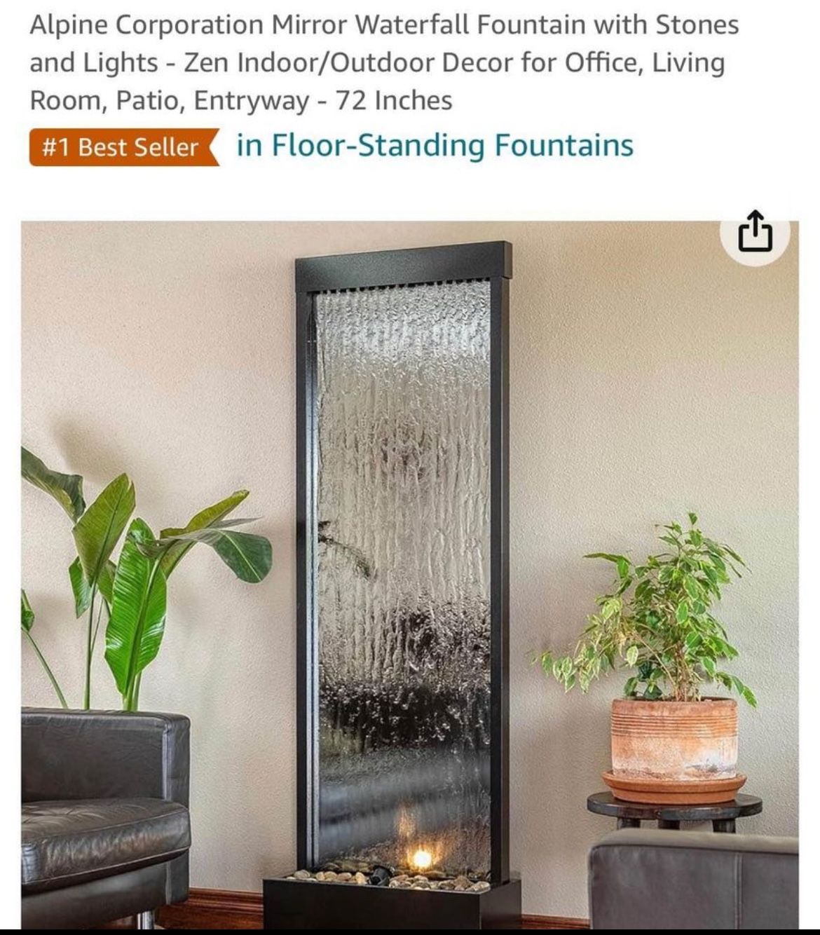 Alpine Corporation Mirror Waterfall Fountain with Stones and Lights - Zen Indoor/Outdoor Decor for Office, Living Room, Patio, Entryway - 72 Inches