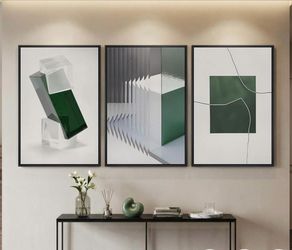 Large Framed Green and White Abstract Wall Art, 3 Piece Modern Canvas Prints Painting