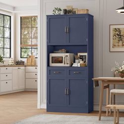 71" Tall Kitchen Pantry Storage Cabinet, Wood Kitchen Hutch, Blue Modern Pantry
