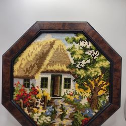 Vintage Framed Needlepoint Cottage and Garden Embroidery  Handmade Wall Art