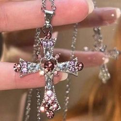 Pink Jeweled Cross Necklace 