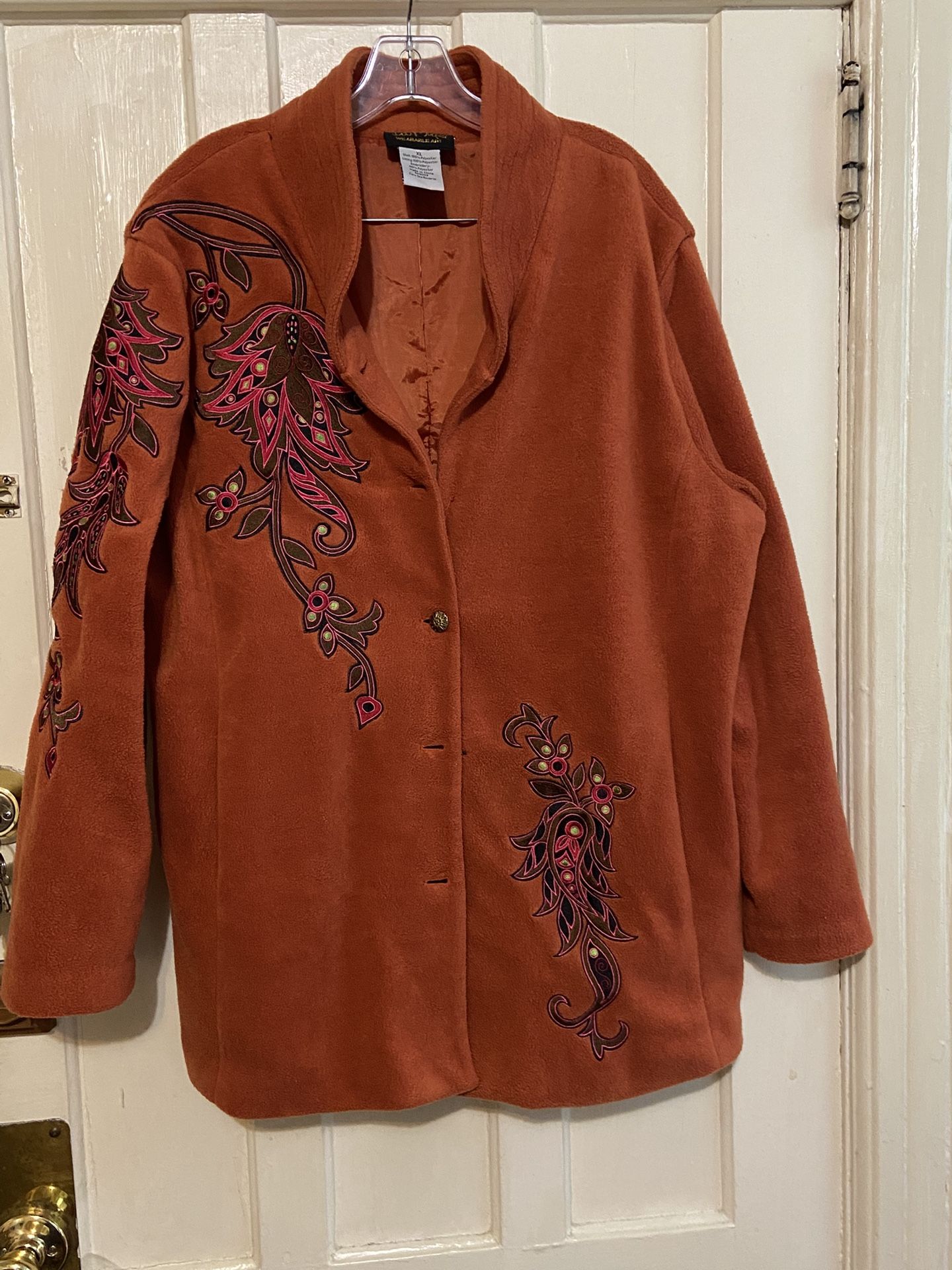 BOB MACKIE WEARABLE ART Burnt Orange Fleece Embroidered Jacket Coat Size XL