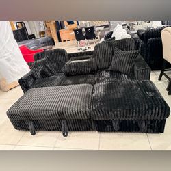 Black Corduroy Sectional Sofa with pull out bed